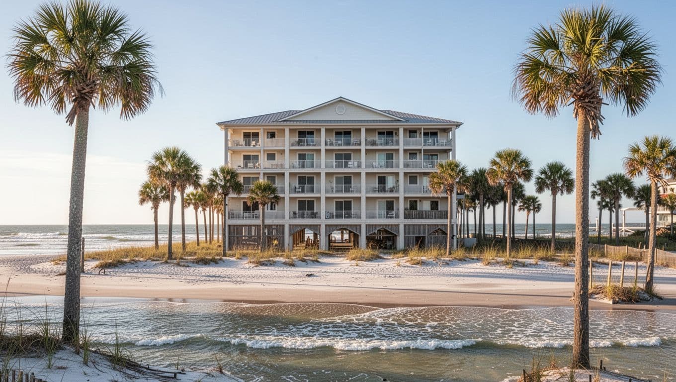 Bold 'Sea Lab Stays' headline on green banner atop a serene beachfront condo on Dauphin Island with palm trees and calm Gulf waves in sunny afternoon light.