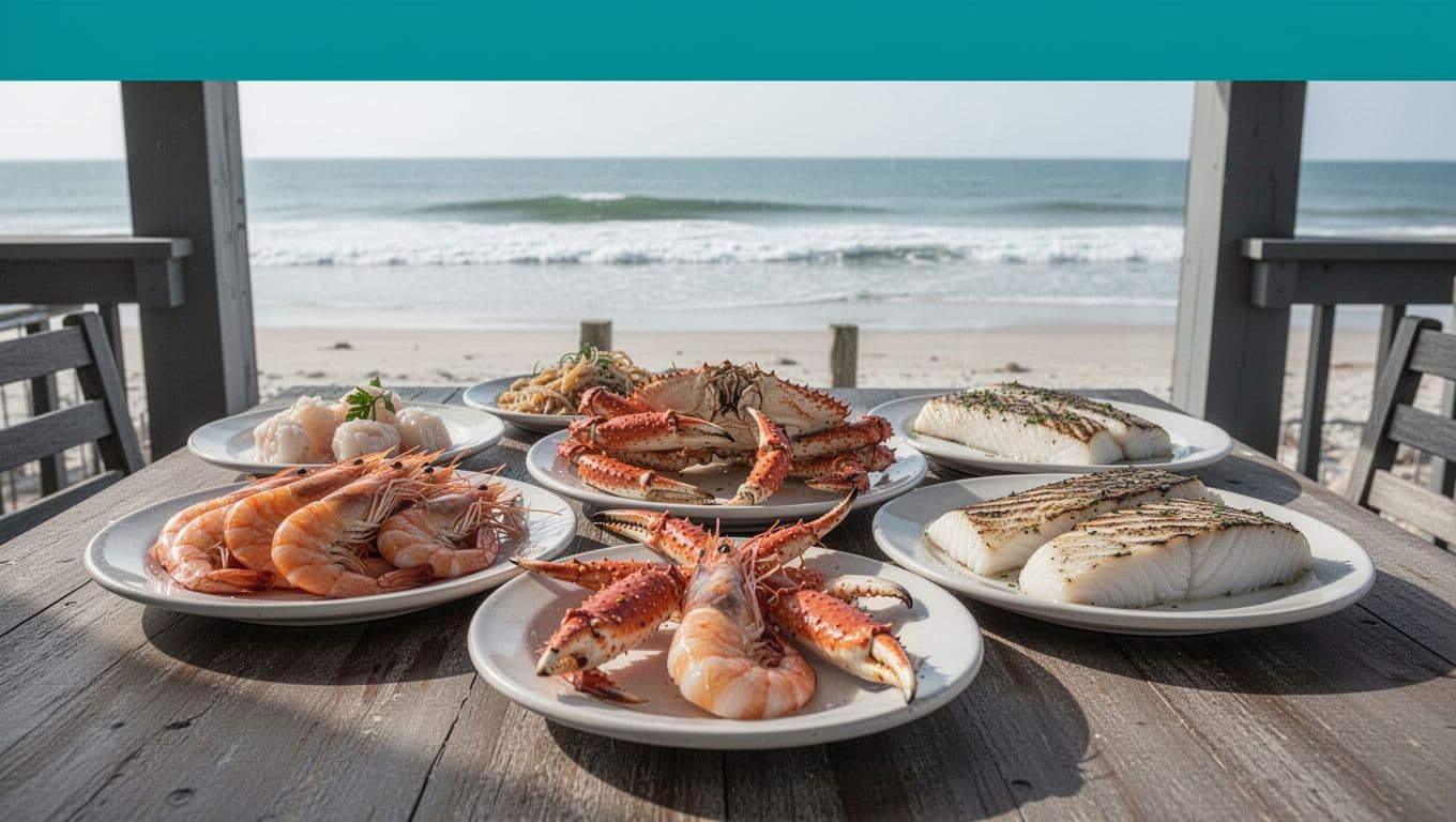 Green 'Seafood Picks' banner over fresh Gulf shrimp, crab claws, and grouper fillets on white plates on wooden table overlooking beach waves.