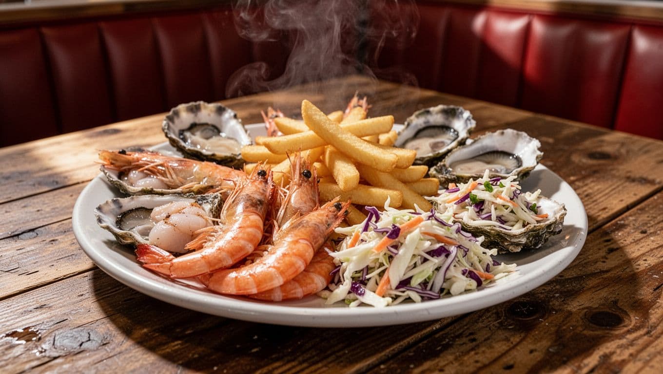 Close-up seafood platter with shrimp, oysters, fries, and coleslaw on wooden table under green MENU HIGHLIGHTS band.