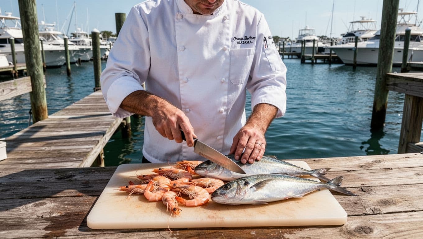 Chef cuts shrimp and fish on cutting board at busy marina dock with blue water behind.