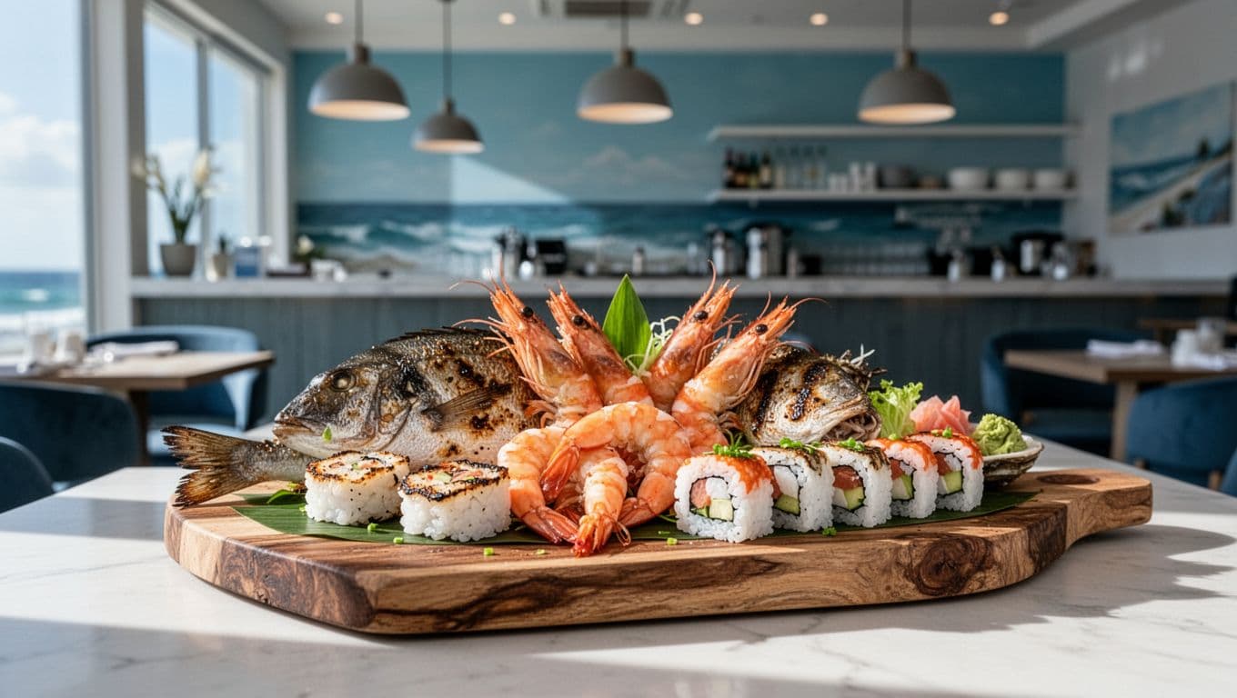 Fresh seafood platter featuring grilled fish, shrimp, and sushi rolls on a wooden board in a modern coastal-inspired restaurant with ocean blue tones and pendant lights. Bold 'SEAFOOD SPOT' headline in green band at top, bright natural light, sharp details, no people.