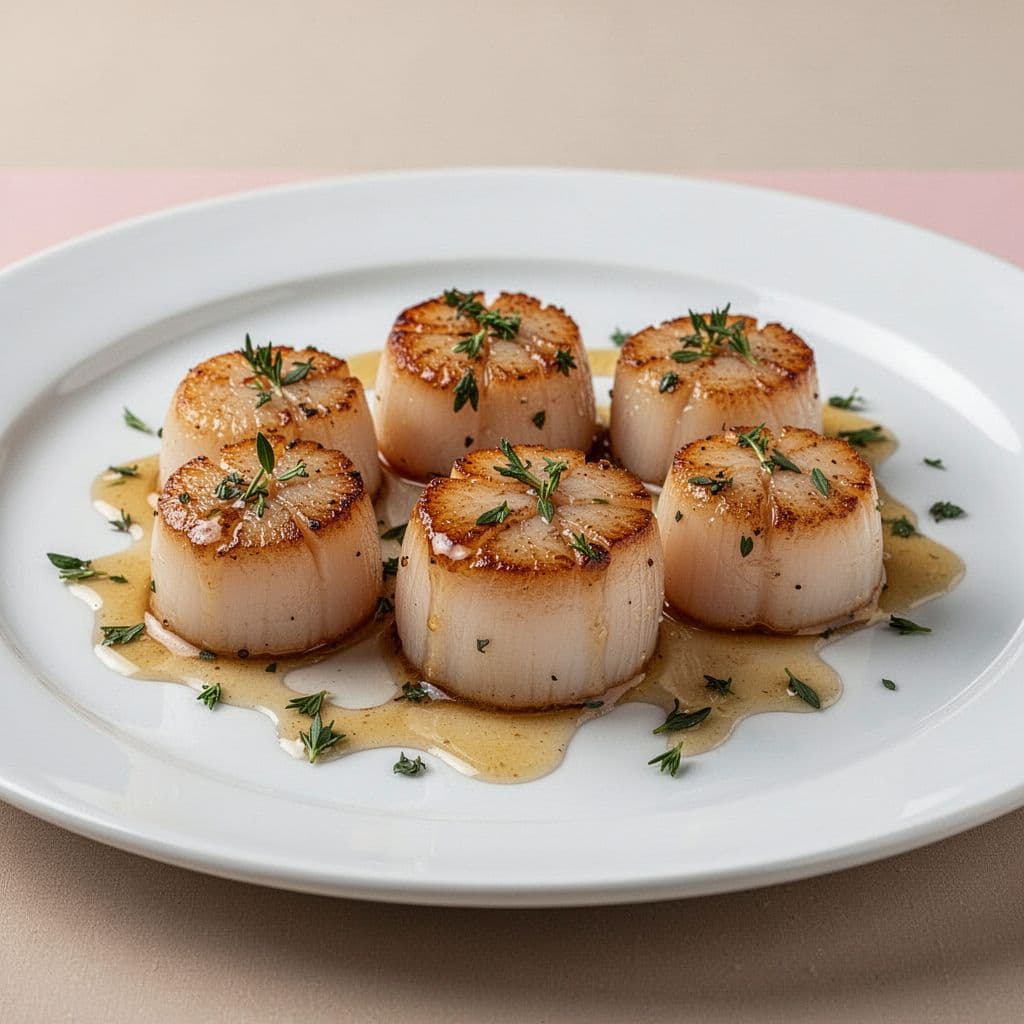 Close-up plate of fresh seared scallops with sauce and garnish on a white dish, highlighted by soft studio lighting and a bold 'Menu Star' headline on a green band.