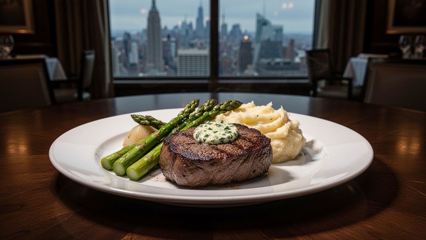 Perfectly seared steak with herb butter, asparagus, and mashed potatoes on elegant white china in an upscale dining room with city skyline view. Dramatic low lighting highlights the gourmet dish.