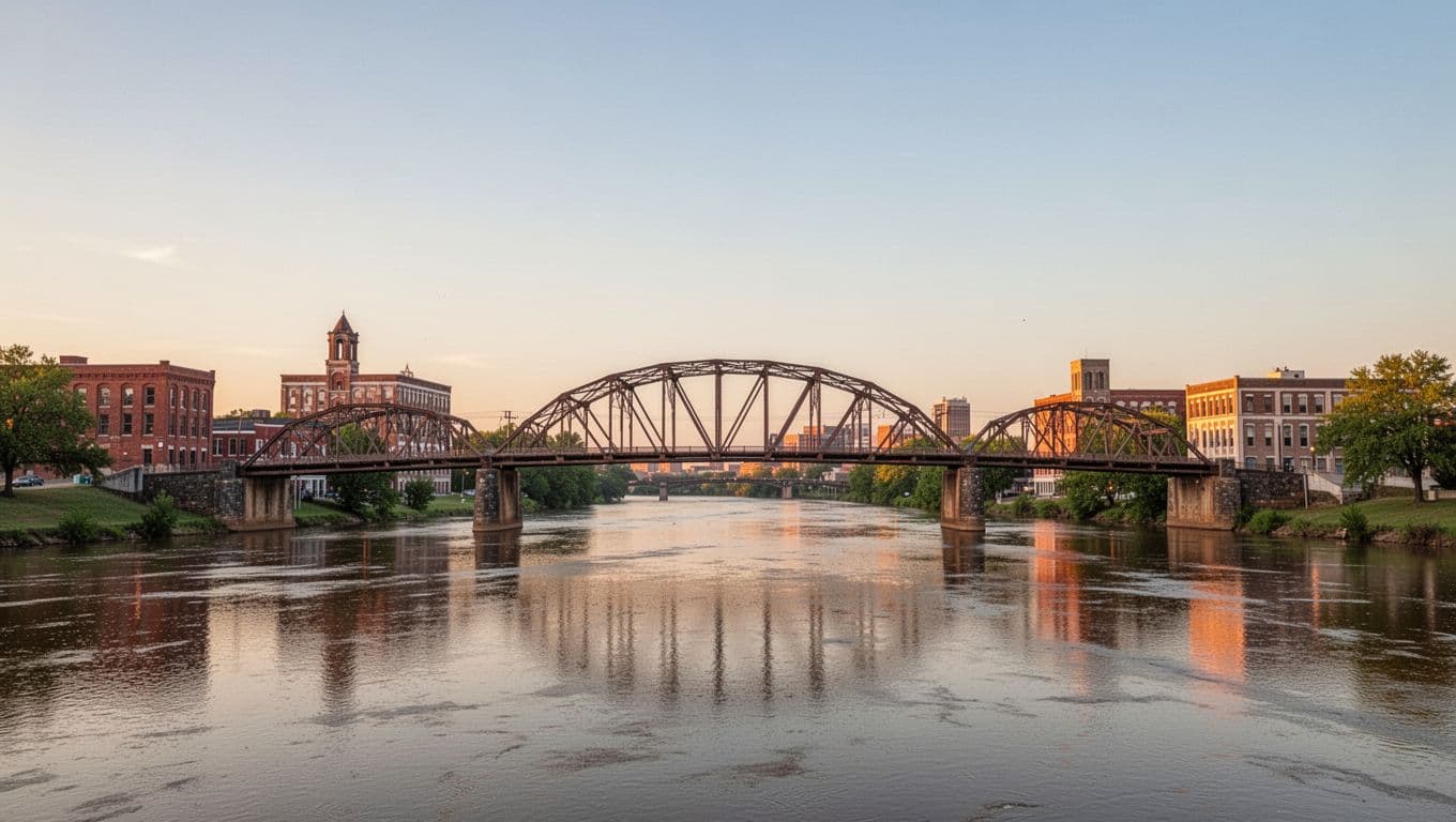 Edmund Pettus Bridge spans Alabama River in Selma skyline at sunset, topped with green band and 'Selma Bridge' text.