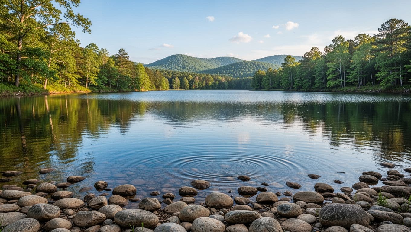 Peaceful landscape of Lake Heflin with calm blue waters reflecting green trees and distant hills, foreground shore rocks, under soft daylight in warm tones, branded with bold 'Heflin Lakes' headline on green band.