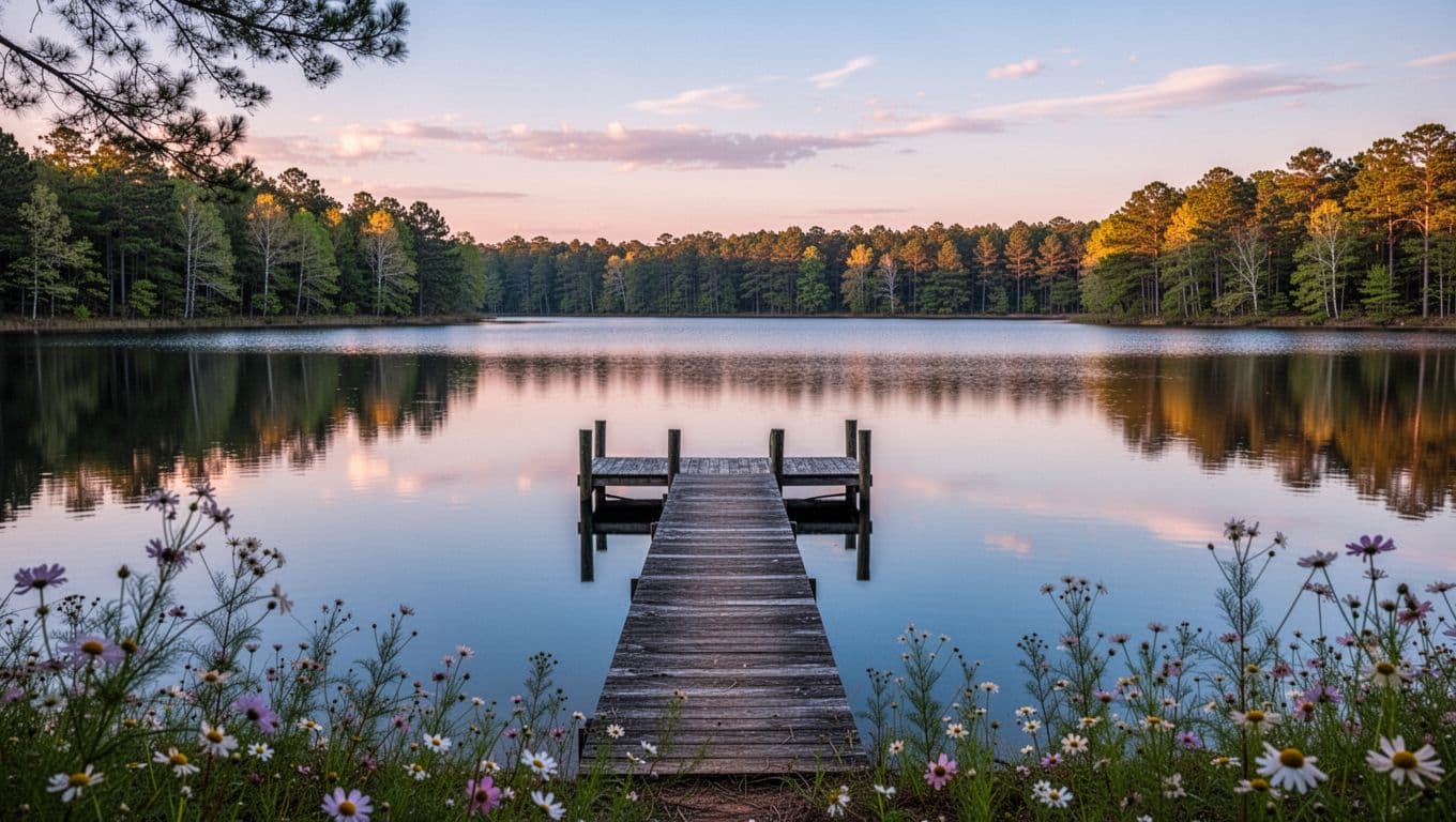 Serene waterfront of Lake Martin, Alabama at dusk with calm blue waters reflecting trees and sky, distant wooded shoreline featuring one empty dock, and foreground wildflowers in photorealistic style. Top 20% features a bold #22C55E horizontal band with 'Lake Escape' headline in clean geometric sans-serif font.