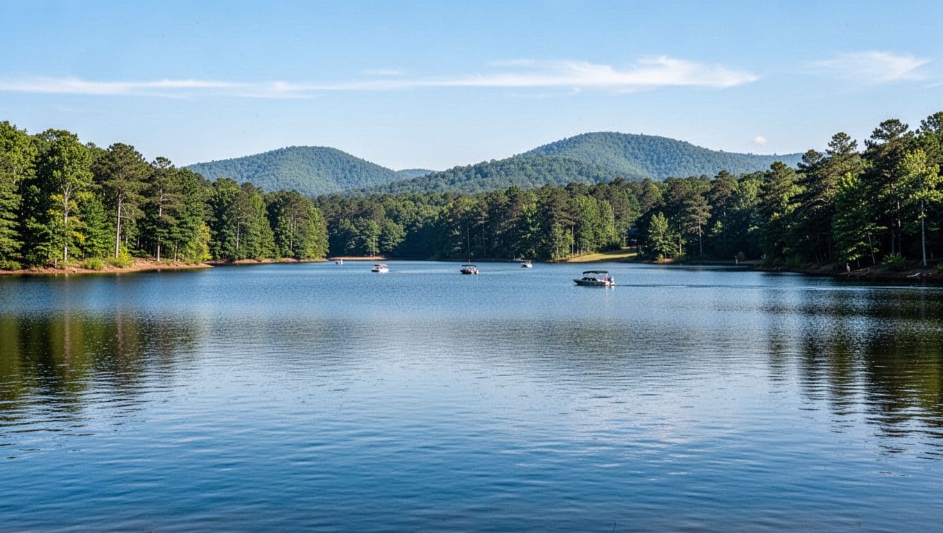 Tranquil scene of Logan Martin Lake in St. Clair County, Alabama, with calm blue waters, distant boats, wooded green shores, and rolling hills on a sunny day, featuring a branded green header band with 'Local Spots' title.