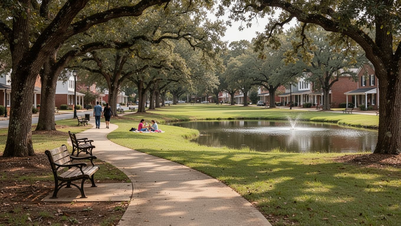 Peaceful park in Luverne, Alabama, with walking paths, oak trees, benches, pond, and distant picnicking families in soft daylight; topped with green 'Local Parks' banner.