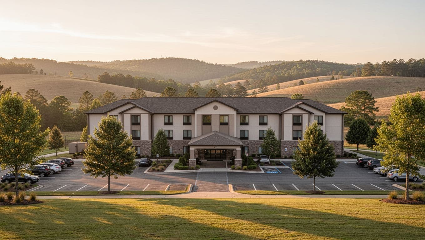 Serene exterior of a modern two-story hotel in Alabama countryside near wooded hills during golden hour, with ample parking, trimmed lawns, and 'Quiet Stays' headline in green band.
