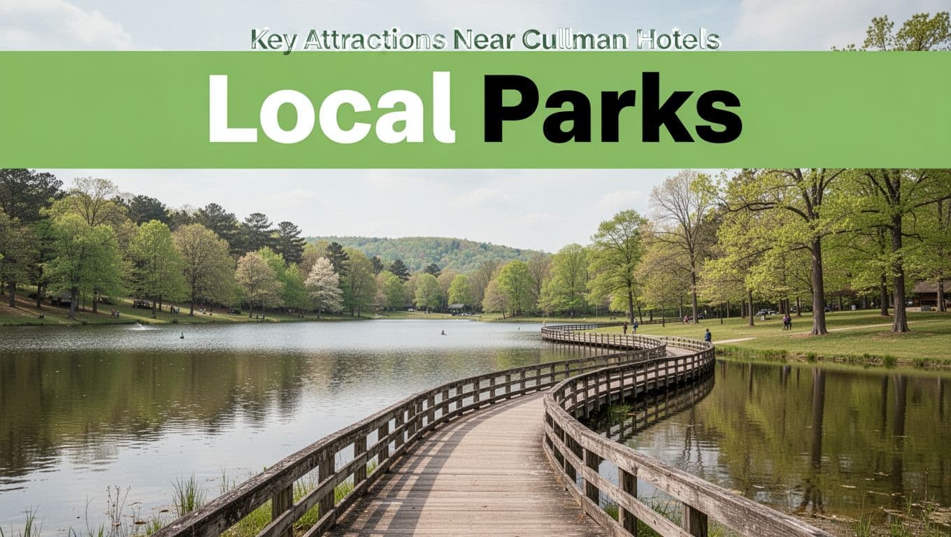 Serene Sportsman Lake Park in Alabama on a spring day, featuring calm water, a wooden walking path curving along the shore, surrounded by green trees and hills, with a bold 'Local Parks' headline band.