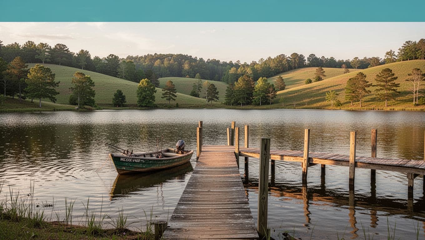 Serene shoreline of Weiss Lake in Centre Alabama during golden hour, with calm water, a small docked fishing boat, wooden pier, and green hills in the background.