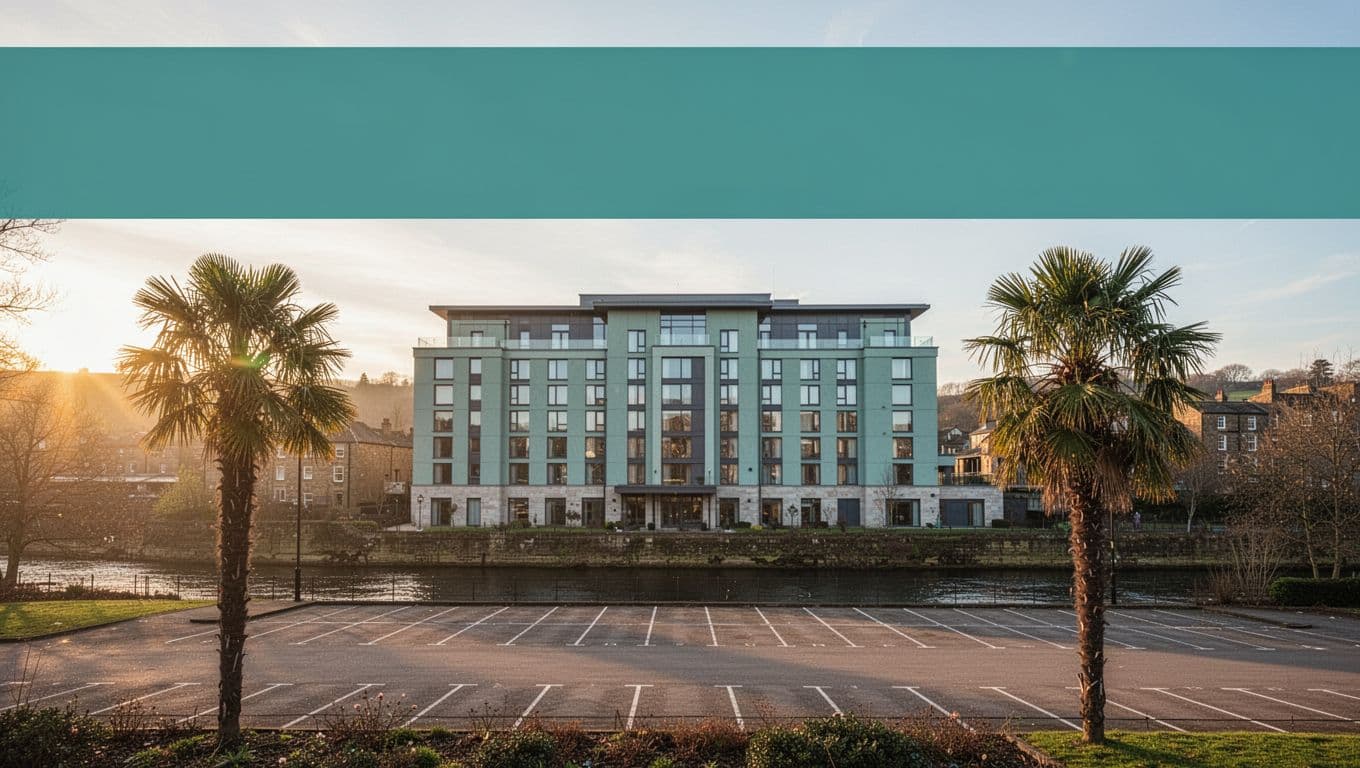 Top green banner with 'Sheffield Hotels' title over a single modern hotel building exterior in Sheffield Alabama style near a river at golden hour, featuring clean architecture, one palm tree, empty parking lot, and cool blue-green tones.
