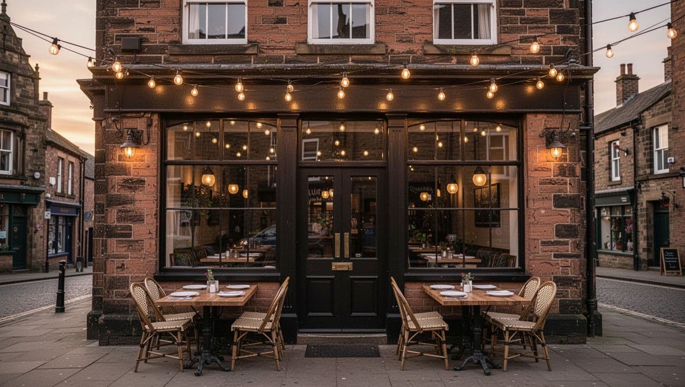 Downtown Sheffield restaurant exterior with two empty patio tables under string lights at sunset, green 'Sheffield Eats' banner across top.