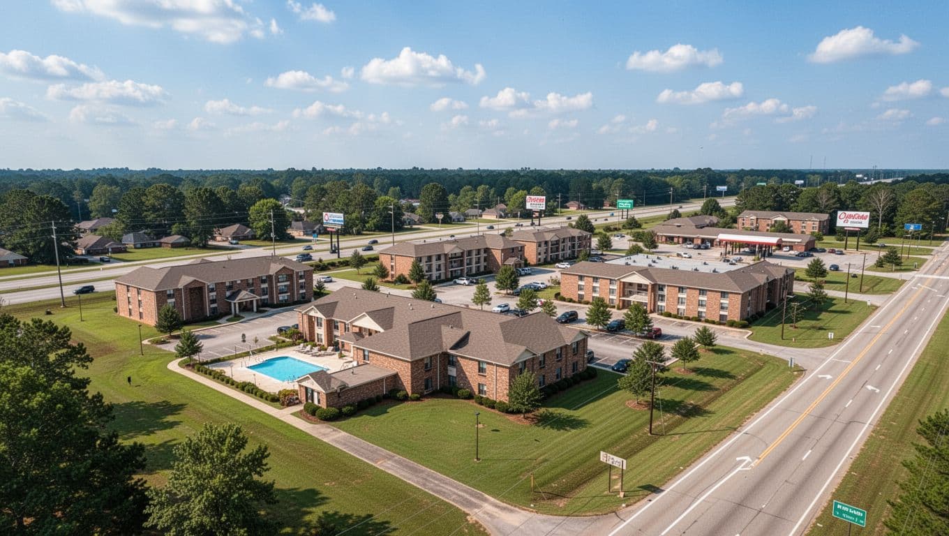 Aerial view from a slight angle of a cluster of mid-range hotels along a highway in suburban Alabama, showing pool areas, green lawns, distant signs, and a blue sky with clouds in realistic daylight photo style. Bold 'Nearby Shelby Options' headline in Title Case geometric sans-serif font on a #22C55E green top horizontal band occupying 20% of the height, with high contrast and no other text.