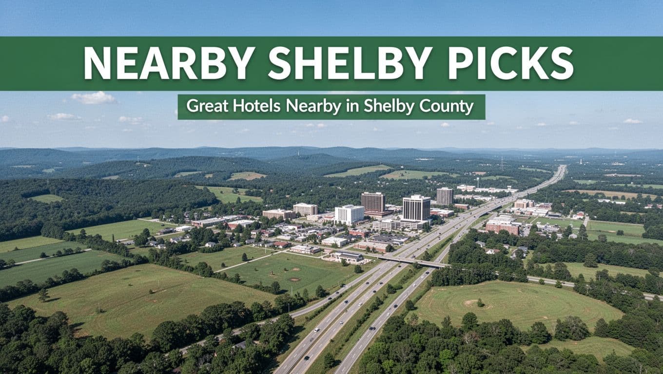 Photorealistic aerial drone view of Shelby County, Alabama's rolling hills, green fields, small towns, and highway hotels under clear blue skies, topped with bold 'Nearby Shelby Picks' green header band.