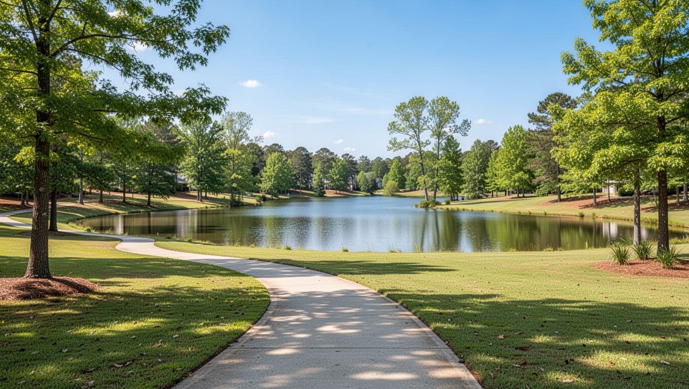 Scenic suburban park in Shelby County, Alabama, featuring a walking path curving toward a serene lake amid green trees under a blue sky, with vibrant natural lighting.
