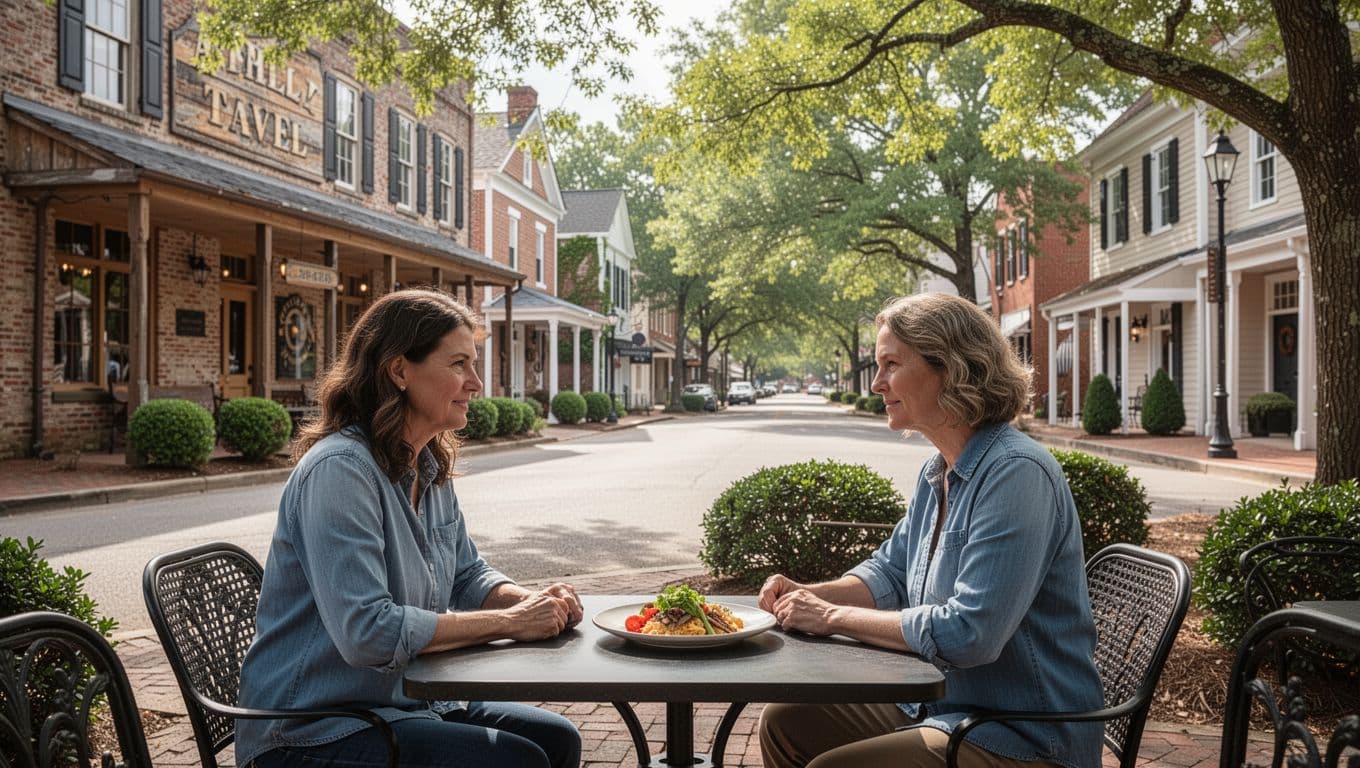 Sunny Shelby County street shows two diners at outdoor table near tavern under green Local Eats banner.