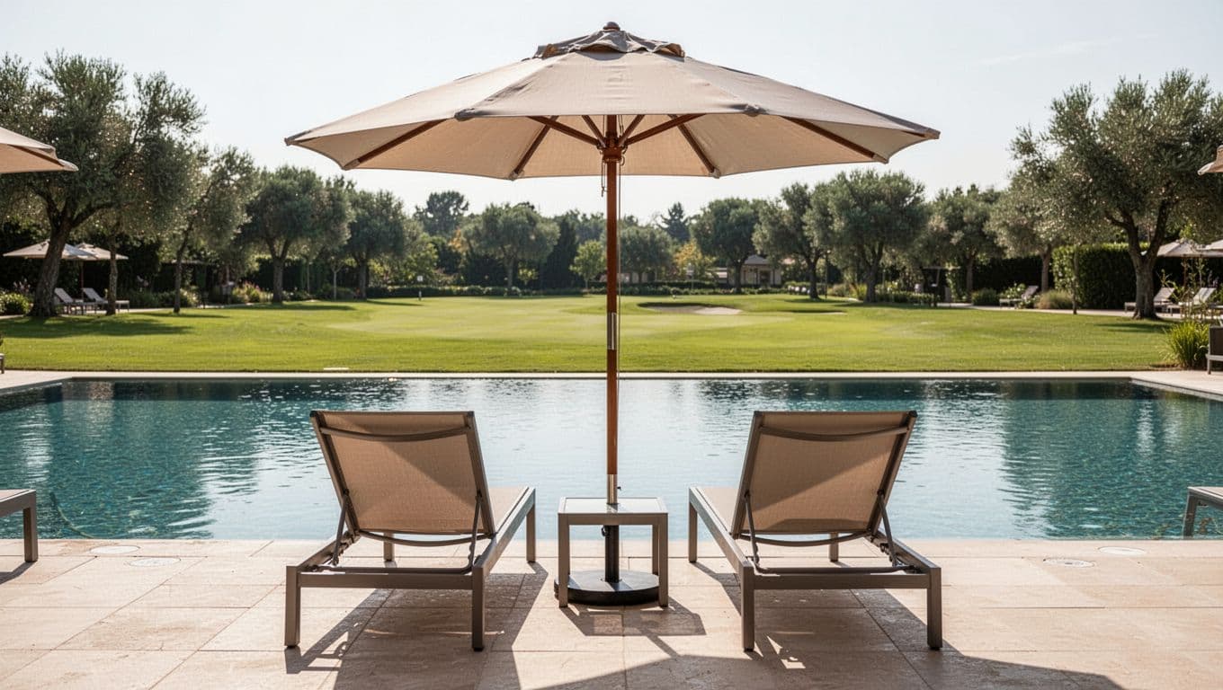 Serene poolside scene at a Shelby County hotel with calm water, two lounge chairs under one umbrella, green lawn, trees, and sunny day. Bold 'Pool Relax' headline in green band highlights outdoor amenities.