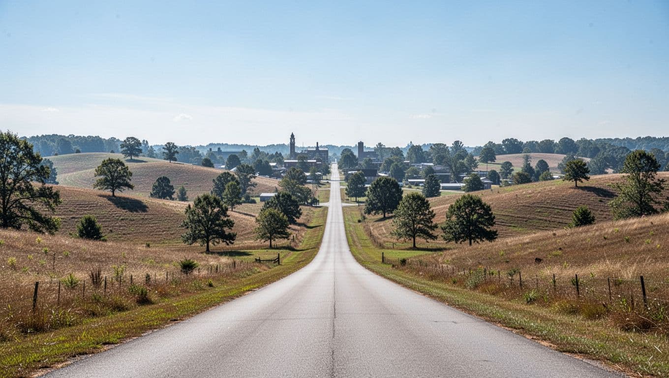 Green top band with 'LOCAL SPOTS' headline over hills, trees, road to horizon in Shelby County under clear sky.