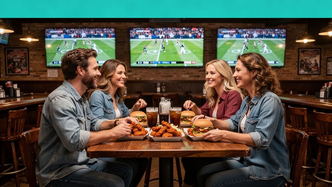 Casual American pub interior featuring a relaxed group of four friends watching sports on multiple wall TVs, with wings and burgers on the table, bar stools, and warm lighting in realistic photo style.