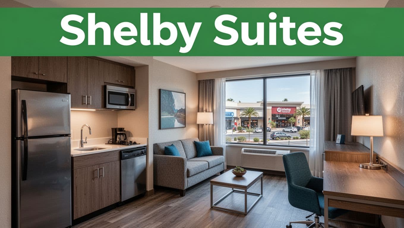 Contemporary suite interior at an extended-stay hotel, featuring a kitchenette with fridge, microwave, and sink, a living area with sofa and desk, and a large window overlooking a shopping plaza, in realistic photo style with warm lighting.
