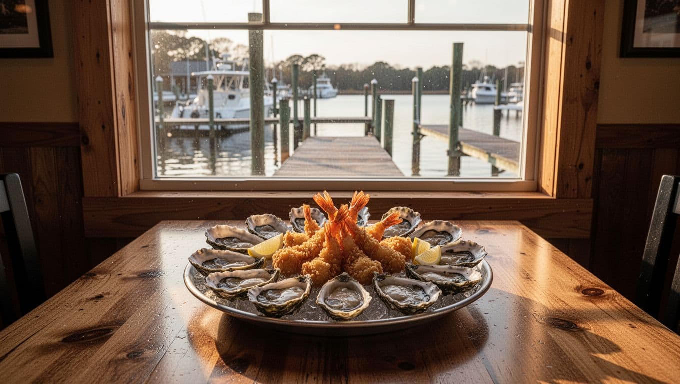 Wooden tables display oyster platters and fried shrimp in Shipyard Cafe, with marina dock view through windows in warm afternoon light.
