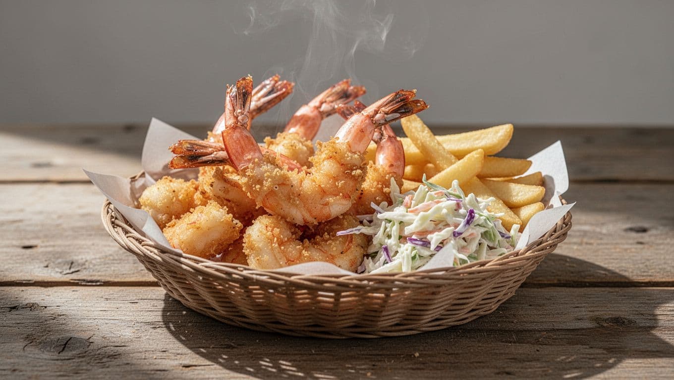 Close-up fried shrimp basket with fries and coleslaw on wooden table, steam rising, SHRIMP BASKET headline on green band.