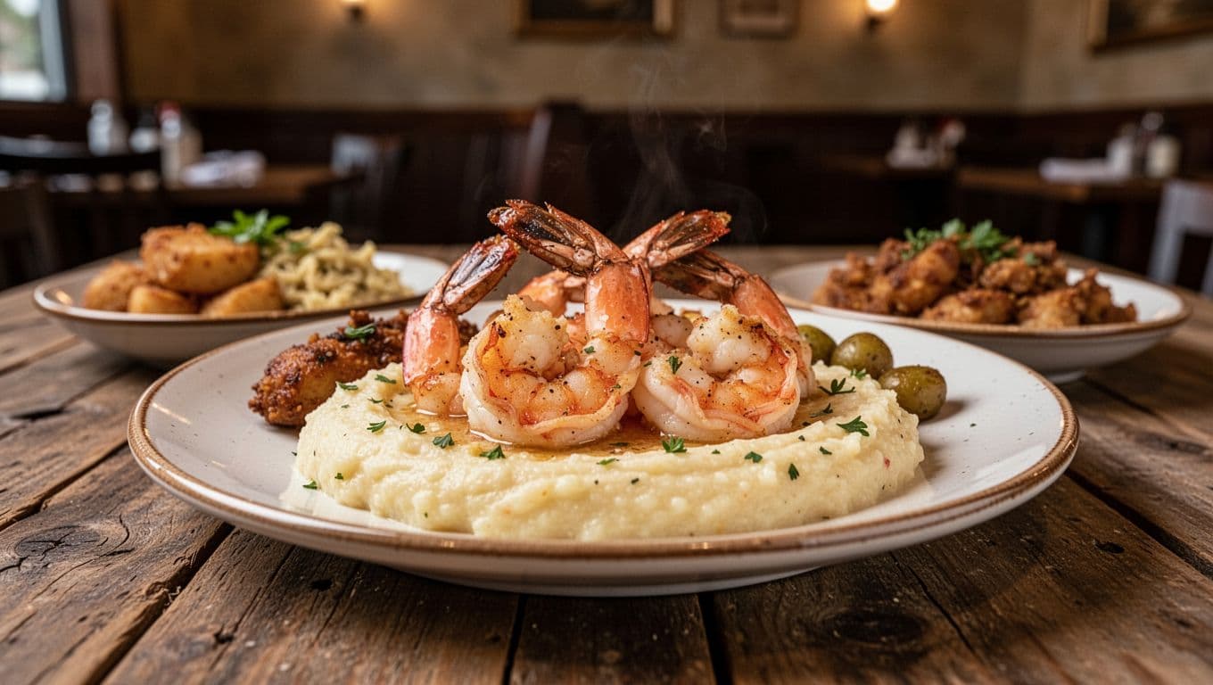Plate of shrimp and grits with southern sides on a rustic wooden table in a cozy restaurant interior under warm lighting, featuring bold 'Mobile Gems' headline on a green band.