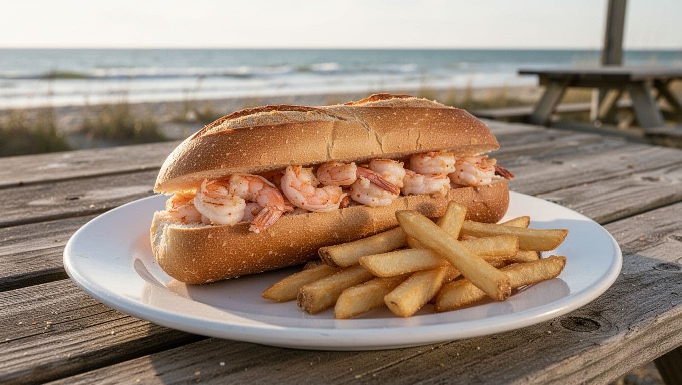 Shrimp po'boy sandwich and fries on plate at outdoor picnic table, green top band with 'Po'Boy Time' headline.