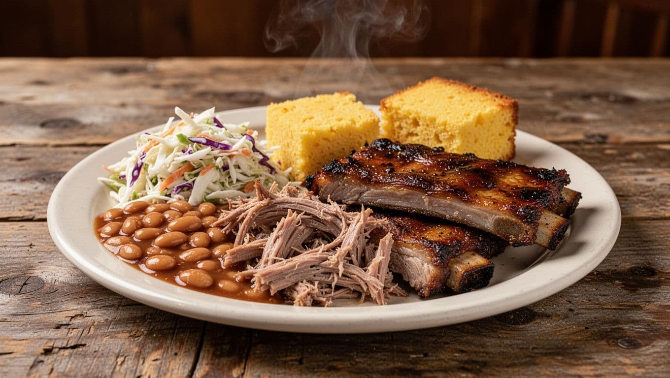 Green top band with 'Signature Dishes' headline above centered plate of pulled pork, ribs, coleslaw, beans, and cornbread on wooden table.