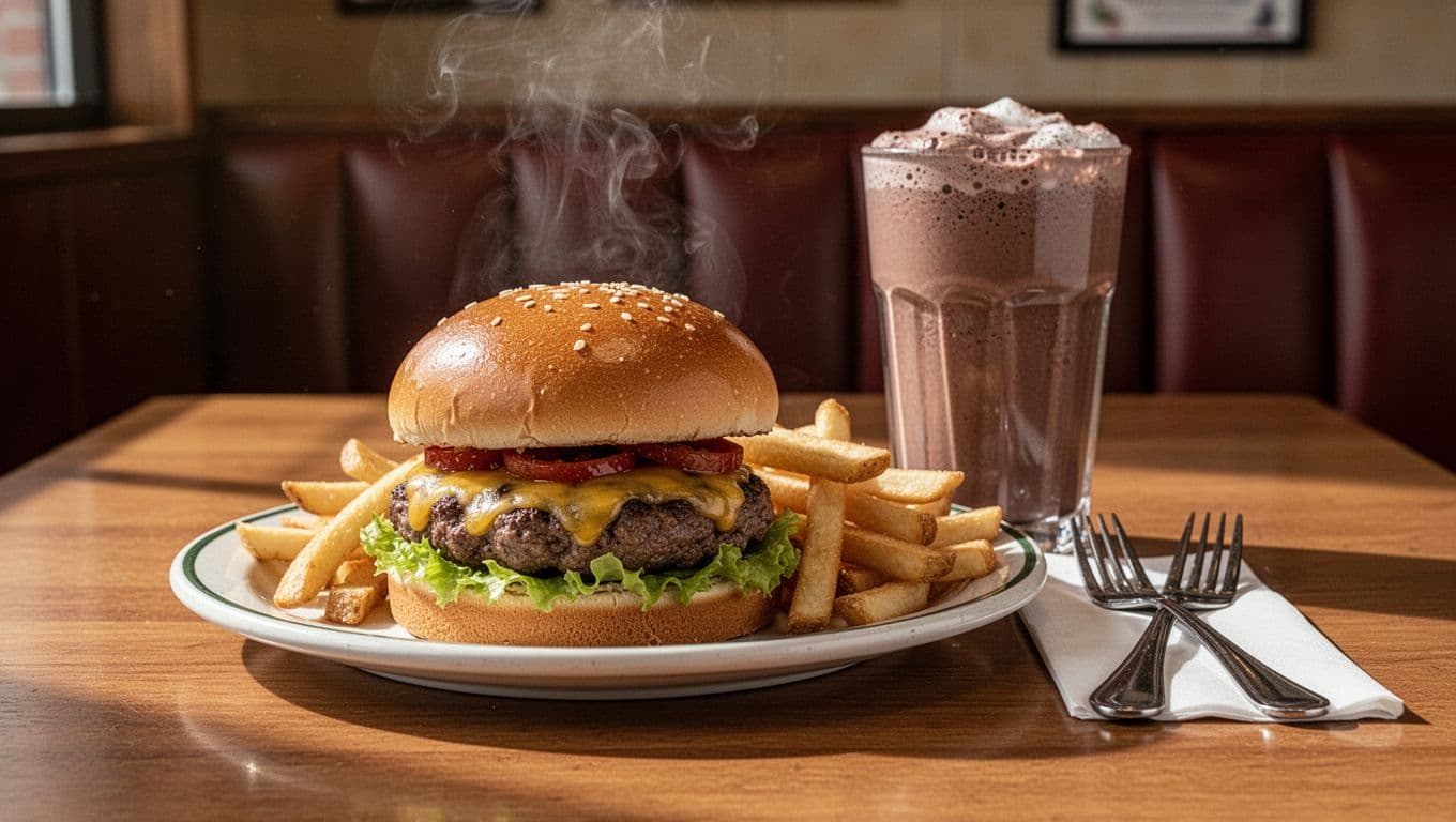 Cheeseburger, fries, and chocolate milkshake on wooden diner table under green Signature Burger header band.