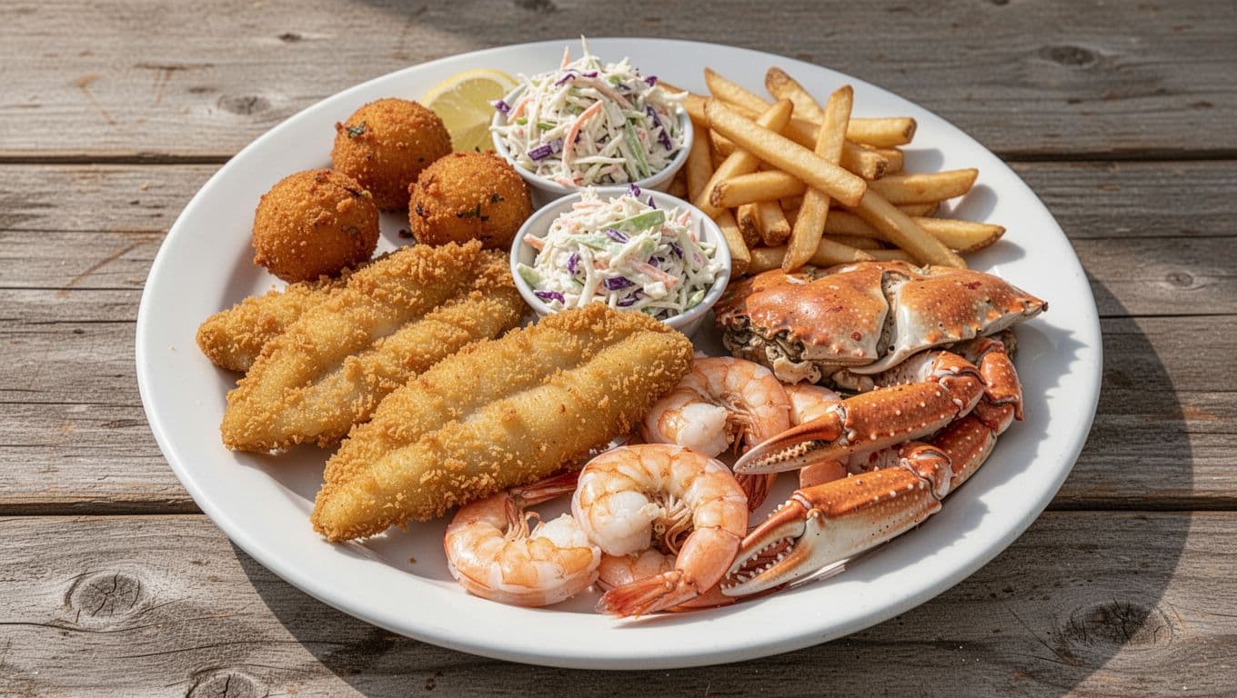 White plate with fried catfish fillets, shrimp, crab claws, hush puppies, coleslaw, fries on wooden table under green 'Signature Catch' header.