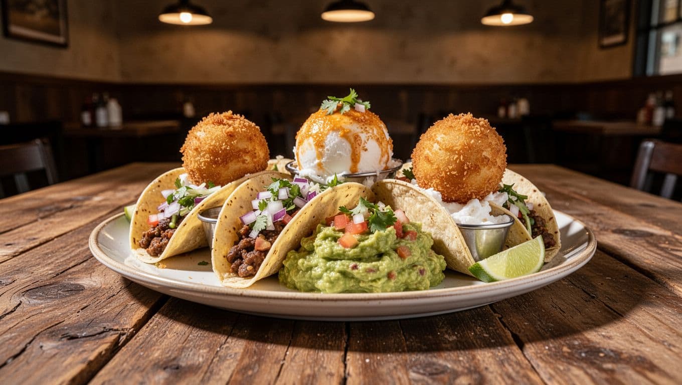 A vibrant plate of Mexican tacos, guacamole, and fried ice cream on a wooden table in a cozy restaurant with warm lighting and sharp details. Features a bold 'Signature Dishes' headline on a green band for menu highlights.
