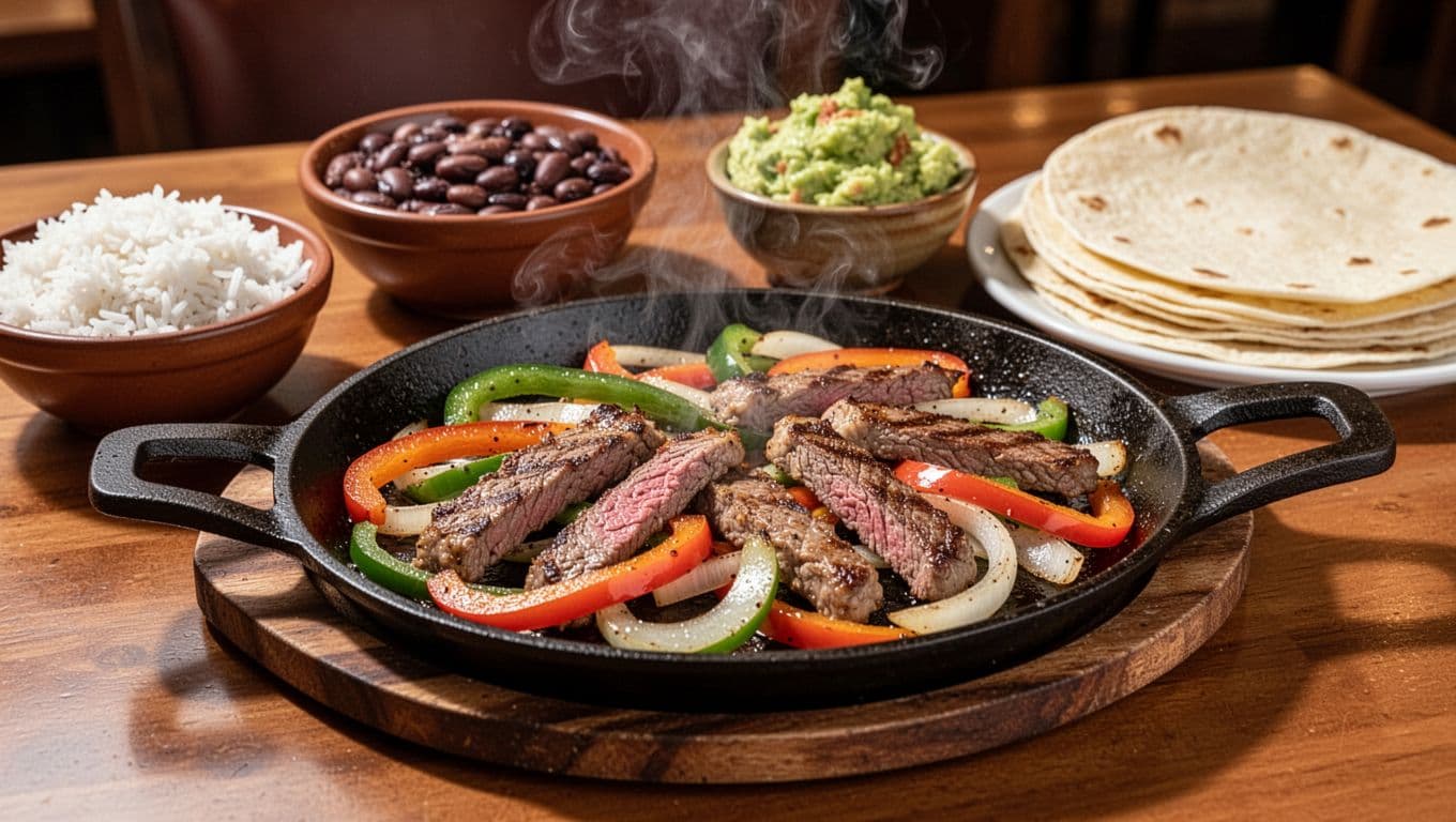 Sizzling plate of chicken fajitas with steak, peppers, and onions on a cast iron skillet, accompanied by sides of rice, beans, guacamole, and tortillas; steam rising in appetizing close-up composition.