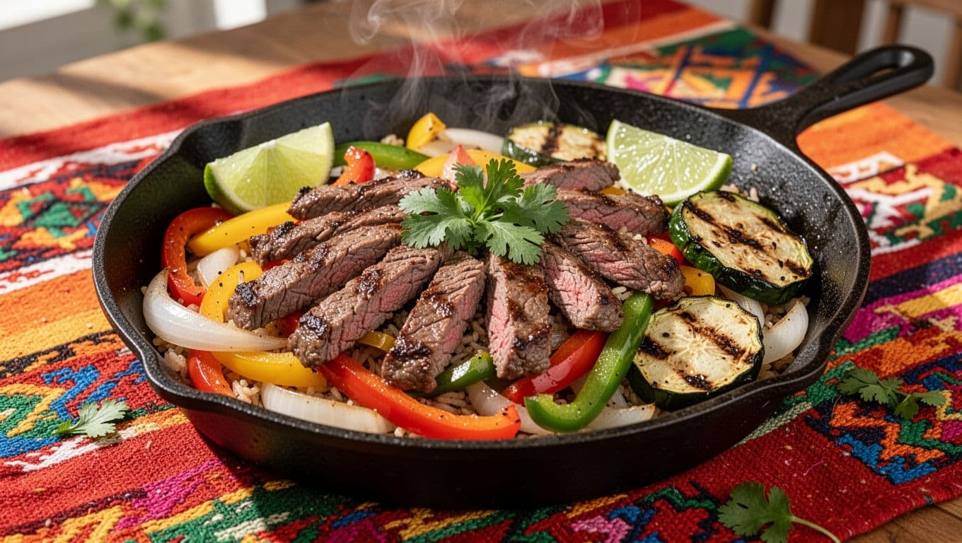 Sizzling fajita bowl with steak, bell peppers, onions, grilled veggies in cast iron skillet, garnished with lime and cilantro, bold 'Fajita Bowl' headline at top.