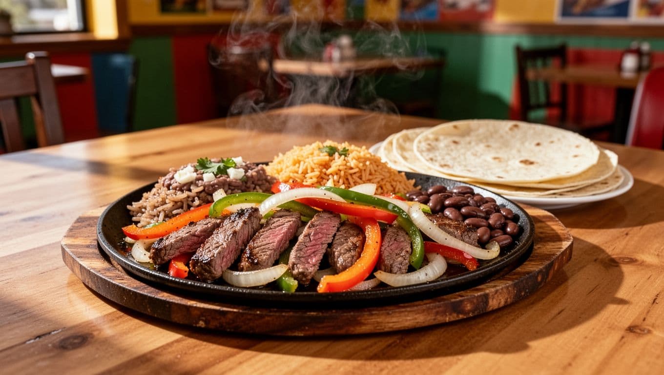 Sizzling plate of fajitas with steak, peppers, onions, rice, beans, tortillas on restaurant table, green MEXICAN FAVORITE band at top.