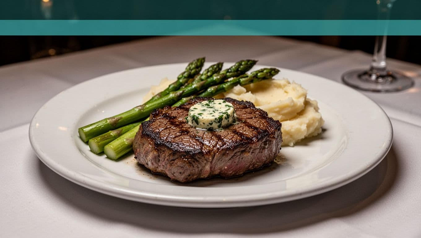 Close-up of sizzling premium steak on white plate with herb butter, asparagus, and mashed potatoes in restaurant table setting with dim lighting, photorealistic food photography.