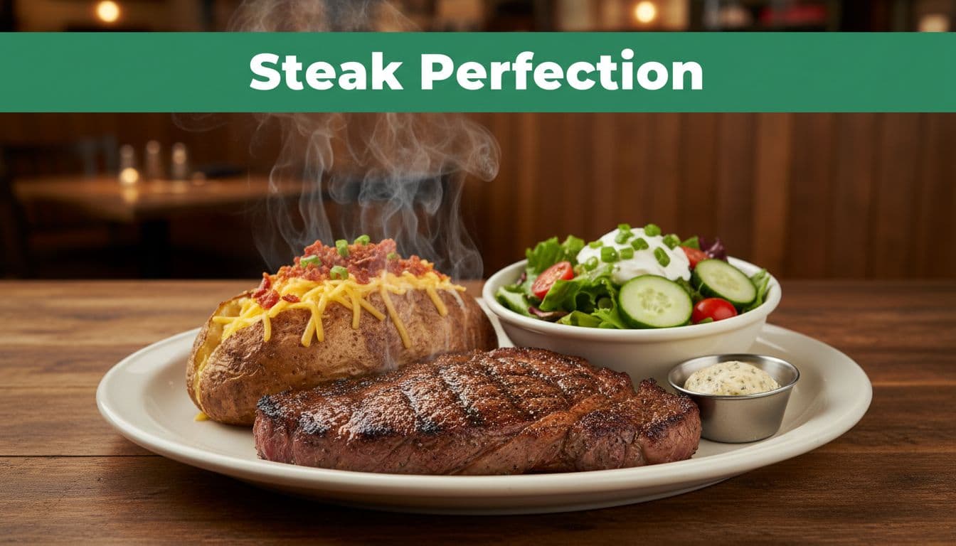 Sizzling ribeye steak plated with loaded potato, salad, and garlic butter on wooden table in warm-lit steakhouse under green band.