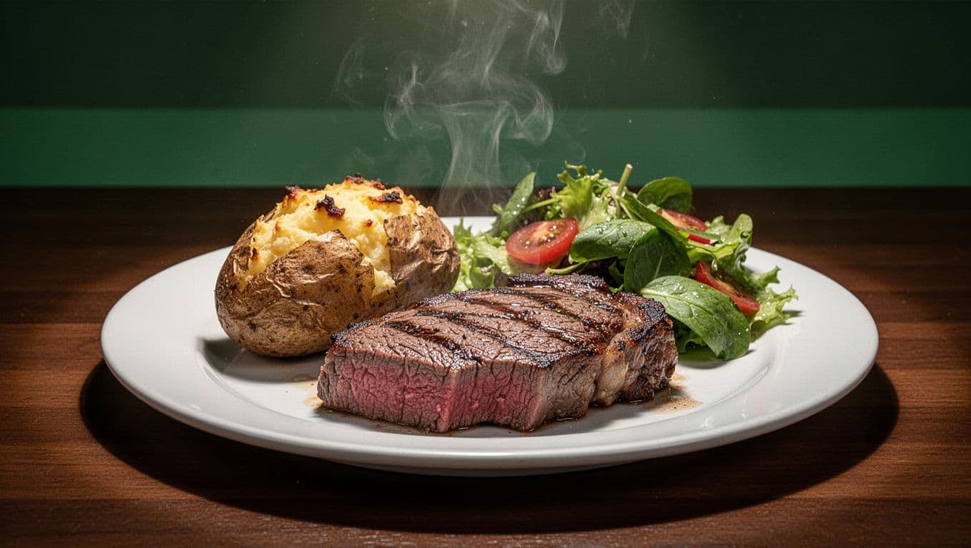 Closeup of juicy medium-rare ribeye steak with twice-baked potato and side salad on dark wood table, green 'Menu Musts' banner at top.