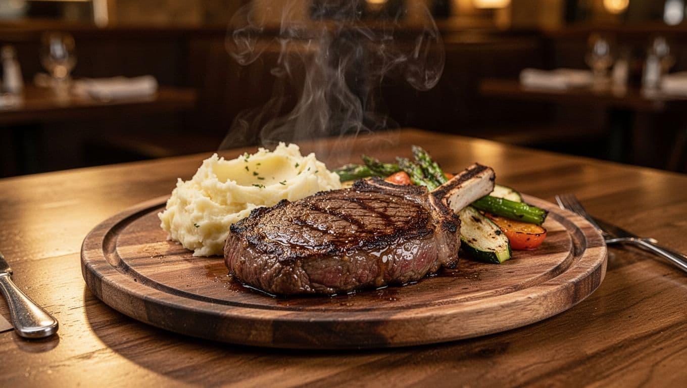 Sizzling ribeye steak with sides on wooden plate below green 'STEAKHOUSE PICK' band in warm steakhouse lighting.