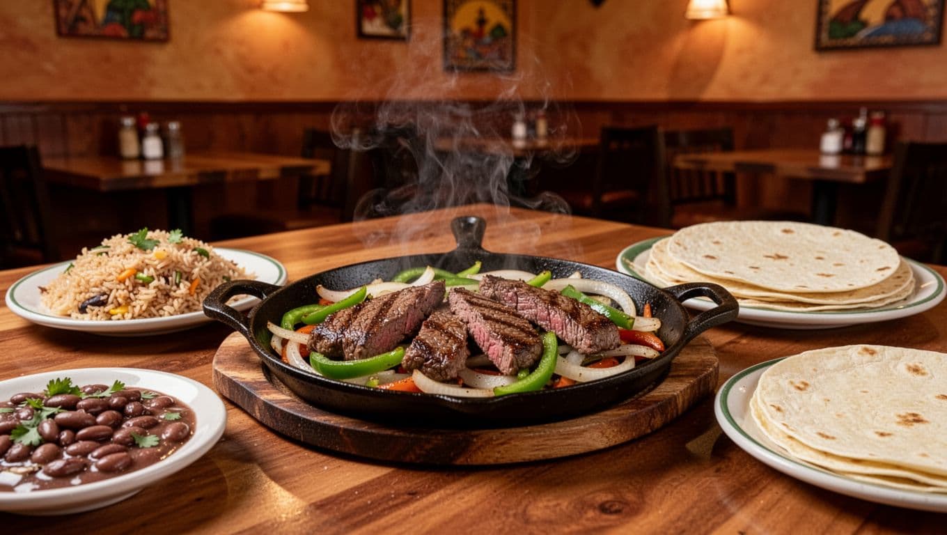Steaming steak strips, onions, and green peppers sizzle in cast iron skillet with side plates of rice, beans, and tortillas on wooden table.