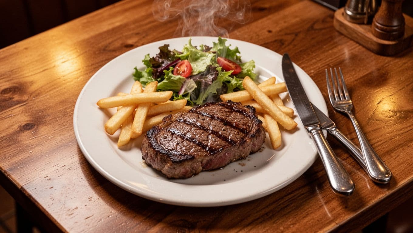 Green top band with 'Steakhouse Favorites' above central plate of sizzling steak, fries, and salad on wooden table with knife, fork, and steam.