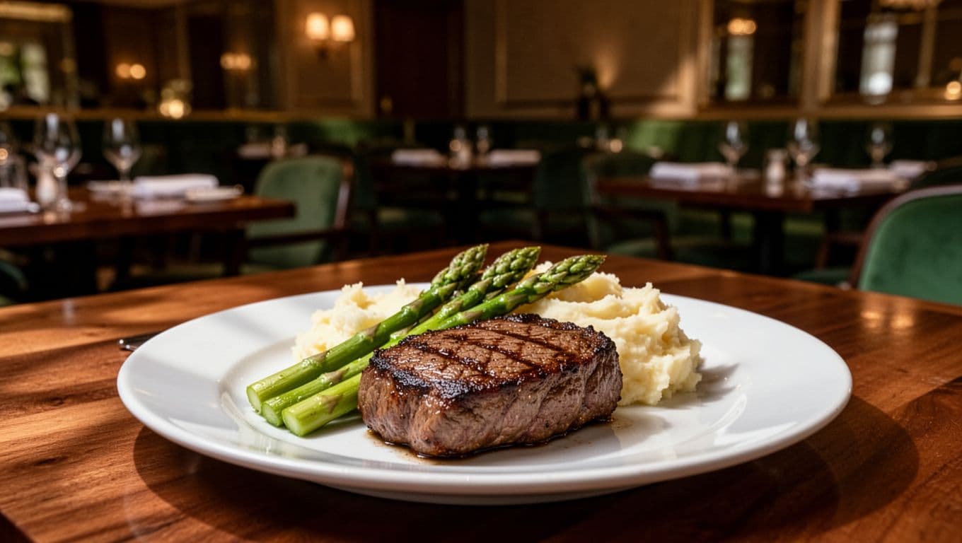 Close-up of sizzling steak on a white plate with asparagus and mashed potatoes in an upscale steakhouse dining room under dim warm lighting, featuring a bold STEAKHOUSE headline on a green band.