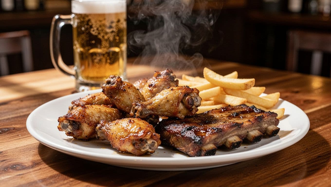 Chicken wings and ribs on white plate with golden fries, blurred beer mug on wooden table, green 'WINGS & RIBS' banner at top.
