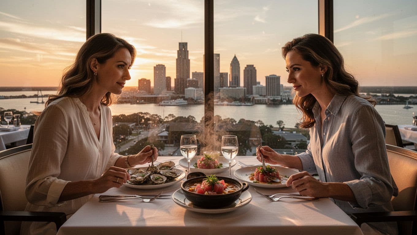 High-floor table at Dauphin's in Mobile, Alabama, with Gulf oysters, tuna poke, and Mobile Bay stew, offering sunset skyline views through large windows in an elegant casual setting with one couple.