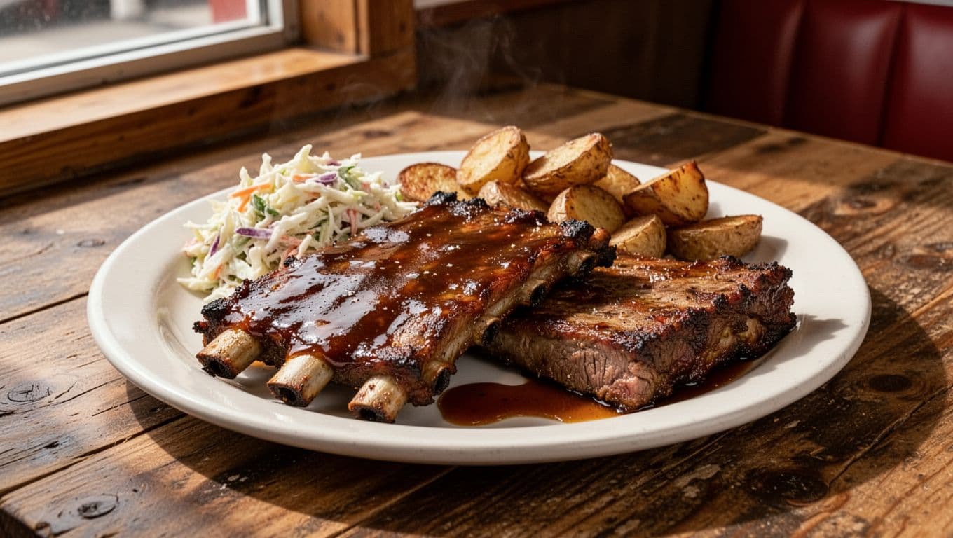 Green band with Slab Feast headline above centered plate of barbecued ribs, meat slab, coleslaw, and potatoes on wooden diner table.
