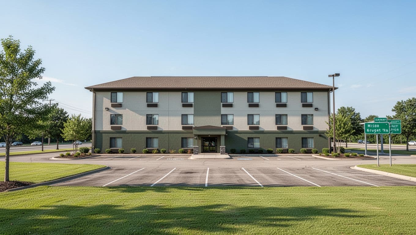 Two-story budget hotel with parking lot, highway sign, green lawns under blue sky, green band with 'Top Pick' at top.