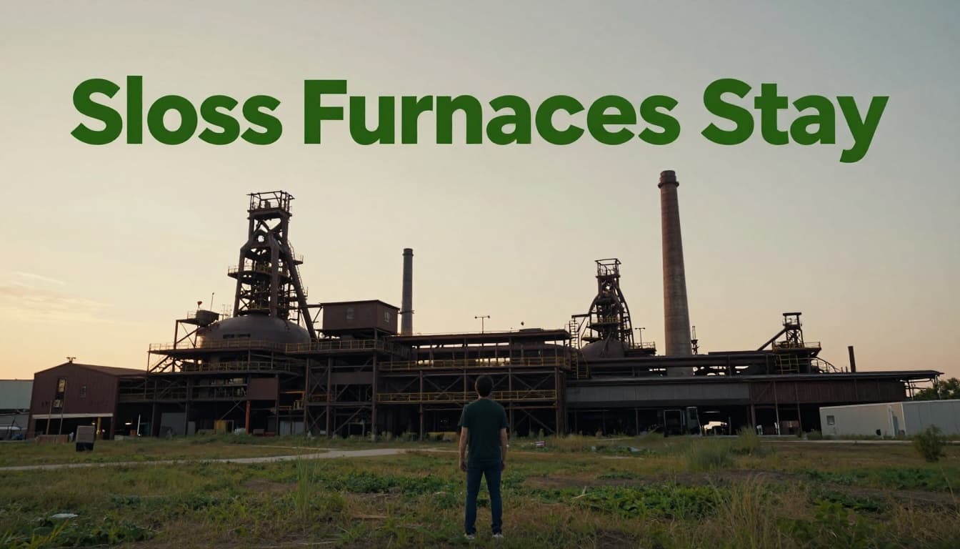 A single traveler in casual clothes stands before the historic Sloss Furnaces industrial ruins at dusk, in a wide landscape view with iron structures, smokestacks, soft golden hour lighting, and moody atmosphere.