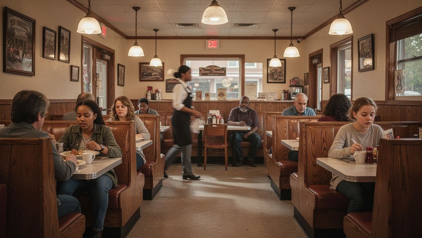 Busy small-town diner interior in Alabama with wooden booths and families eating under soft warm lights, blurred server in background, homely welcoming ambiance. Bold 'Local Favorite' headline on edge-to-edge green band at top.
