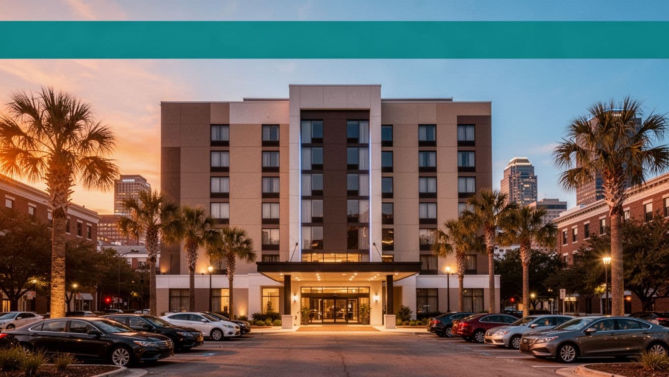 Exterior of modern mid-range hotel in downtown Montgomery Alabama at dusk with welcoming entrance, parked cars, palm trees, city skyline, and bold Smart Stays branding on green band in warm golden hour lighting.